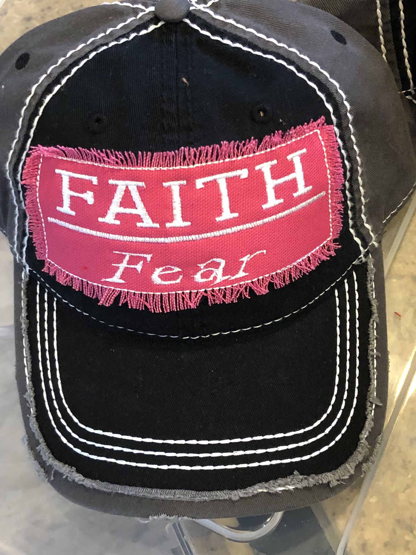 Faith over Fear distressed custom hat - black, grey and hot pink