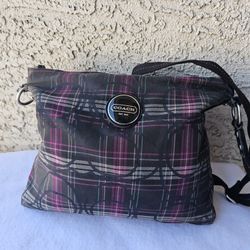 Coach Poppy Tartan Plaid Hobo Shoulder Bag Purple Teal Metallic 