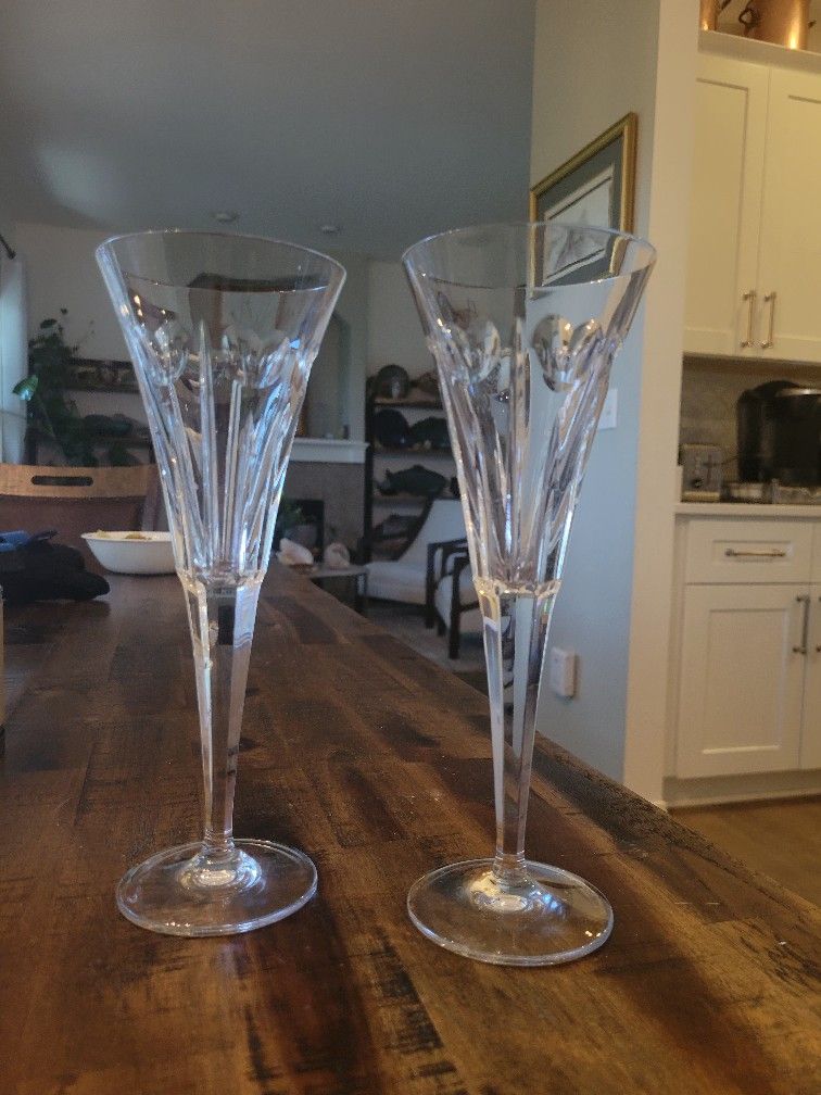 Waterford Tall Heart Design Toasting Flutes -- Set Of 2 -- Excellent Condition