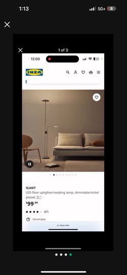 IKEA ISJAKT LED floor uplighter/reading lamp, dimmable/nickel plated, 71"