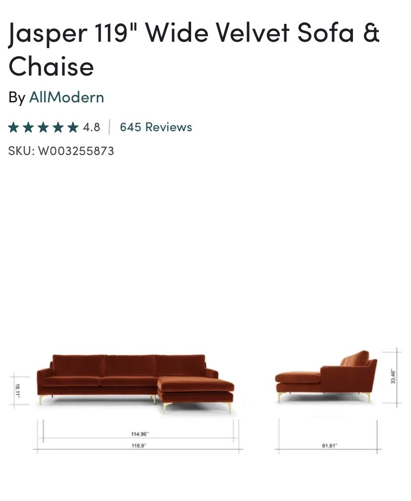 Jasper 119” Wide Velvet Sofa & Chaise By All Modern