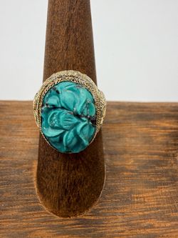 Antique Chinese Export Carved Turquoise Flower Silver Adjustable Ring