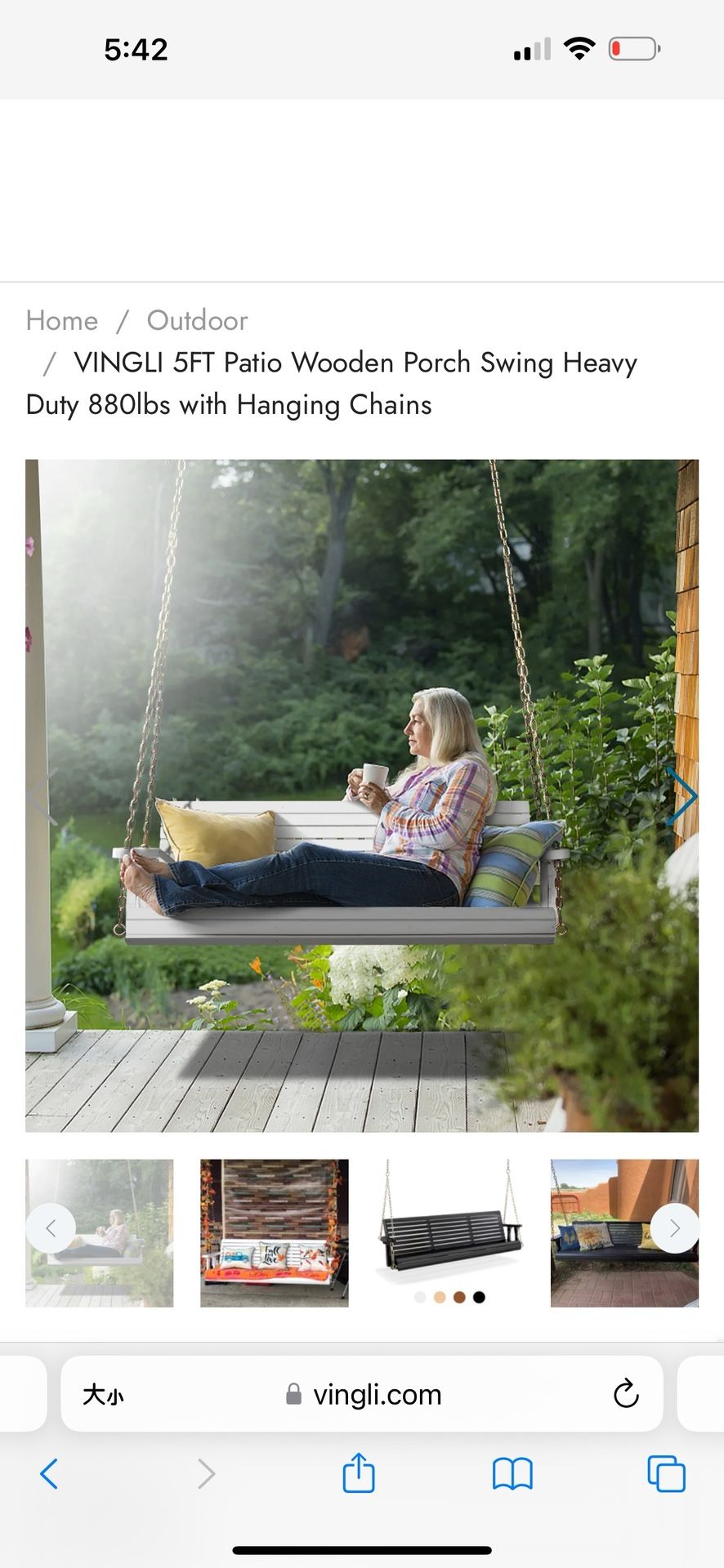 5FT Patio Wooden Porch Swing Heavy Duty 880lbs with Hanging Chains
