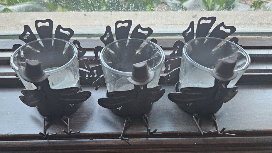 Set of 3 Glass Candle Holders with Turkey Metal Design