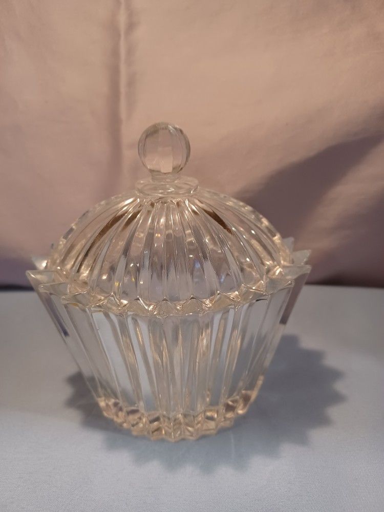 Small Oval Clear Glass Candy Dish With Matching Lid Both Have Deep Vertical Lines