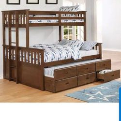 Bed Frame. Twin Over Queen Bunk Bed With Trundle And 3 Drawers