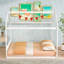 NEW White Queen Size Wooden House Bed with Headboard