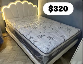Bed with lighting and 12-inch-thick pillow-top mattress Queen sizes