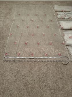 White sheer curtains pinks roses, sequined