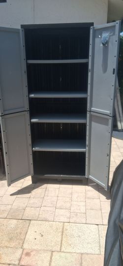 Plastic filing cabinet 6ft tall storage closet cabinet organizer shelf  pool deck spa kitchen bathroom