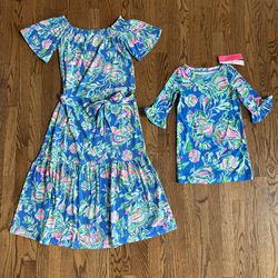 NWT Lilly Pulitzer Mom Dress and Mini Daughter Matching Dress Blue Flare Fancy Fins