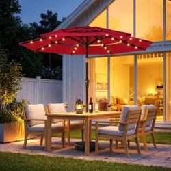 New In Box 9 Feet HOMSHADE 3 Tier Umbrella With Solar LED Light UV Protected Red Fabric Stand NOT Included 