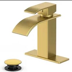 Waterfall Bathroom Faucet, Brushed Gold Stainless Steel, 1-Handle