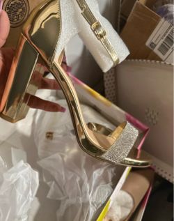 Gold Rhinestone Block Heel Sandals