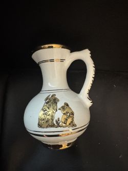 vintage Neofitou Keramik vase, which is a small, hand-painted gold porcelain pitcher from Greece. 5”