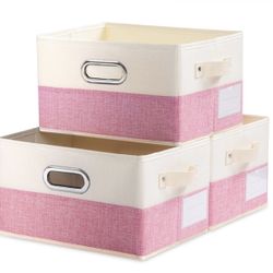 Fodable Storage Bins for Closet [3-Pack] Decorative Fabric Storage Baskets Cubes with Leather/Metal Handles for Shelves Bedroom Living Room Pink&Cream