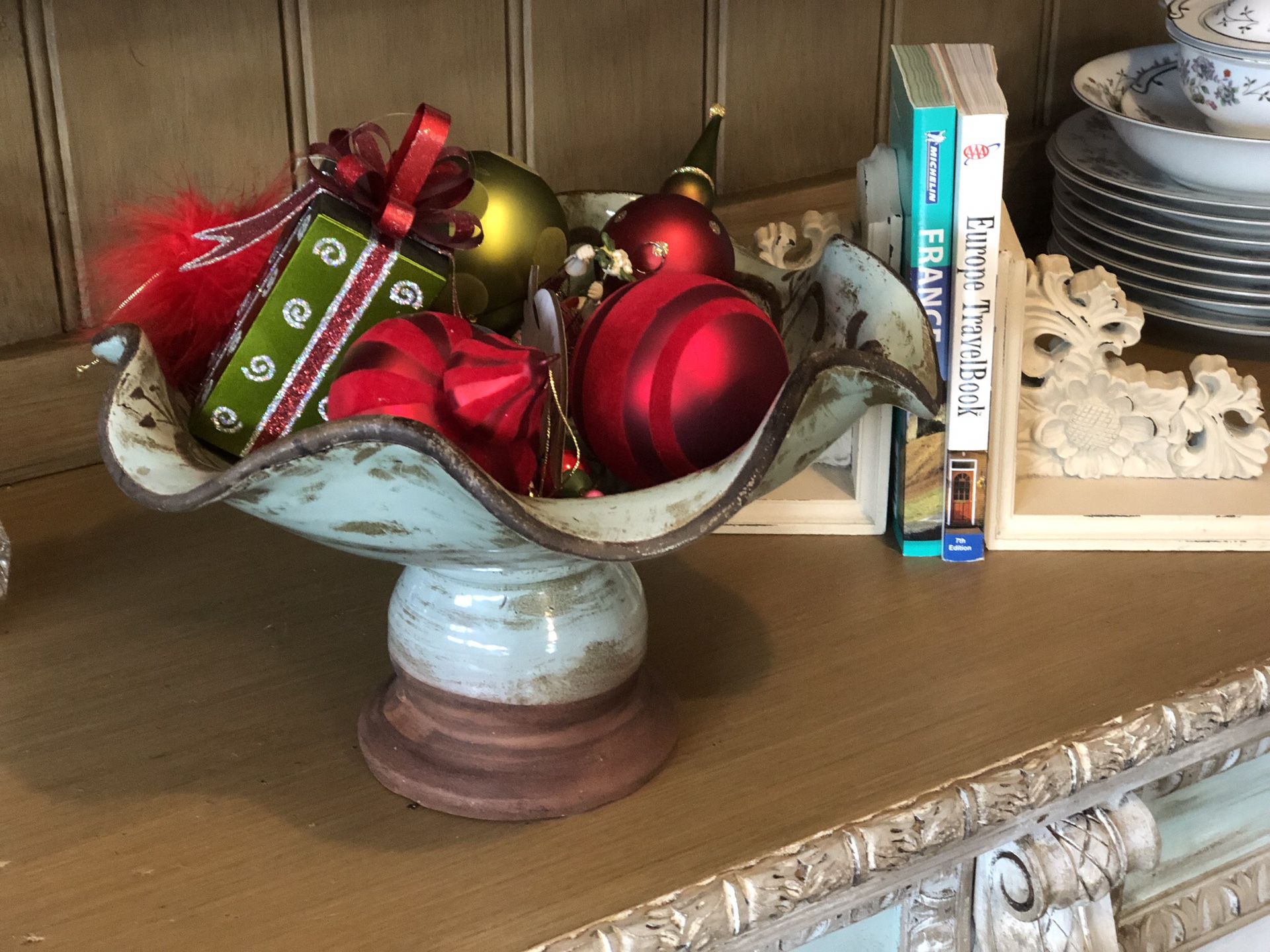 Aqua Ceramic Bowl w/Christmas Ornaments