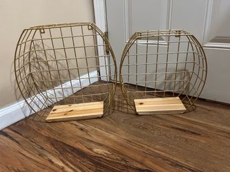 Gold Wire Wall Shelf with Wood Base (Set of 2)