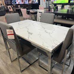 Faux Marble Table W 4 Grey Fabric Chairs 
