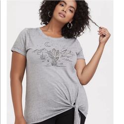 TORRID Light Grey Gold Accents Desert Cactus Hearts Front Tie Tee