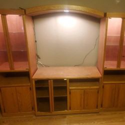 Oak Entertainment Center w Glass Doors~ 93 x 75 x 17~ Like New