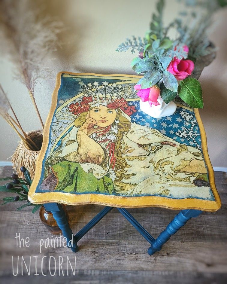 Alphonse Mucha Refinished Occasional Side Table 