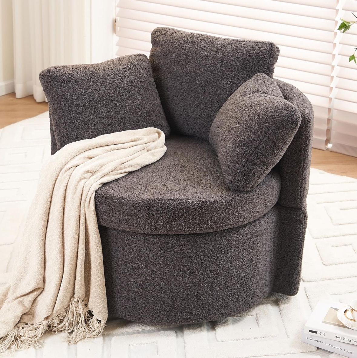 Modern Fabric Swivel Chair: Soft Teddy Upholstered Storage Seat