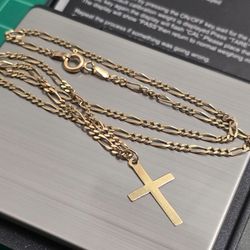 14K Solid Gold Figaro Chain Necklace w/ Cross Pendant – 4.35g