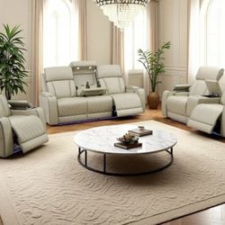 Power Electric Beige Cream Leather Fully Reclining Couch Set