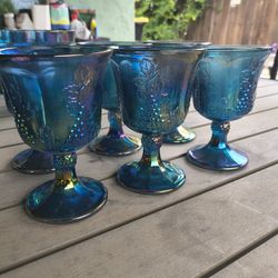 Set Of 6 Blue Carnival Glass Wine Goblets