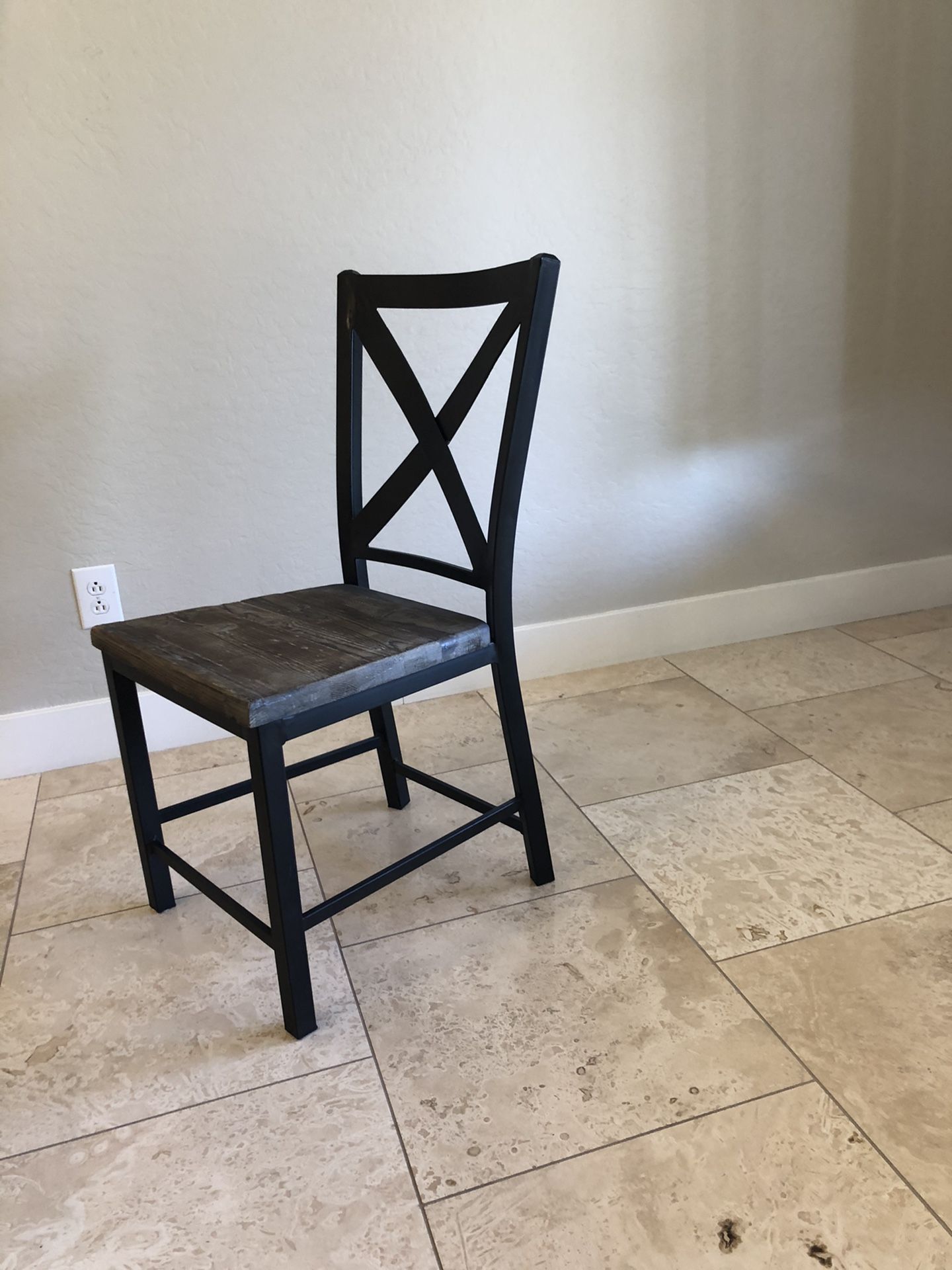 Six practically new dining chairs from Potato Barn. Excellent shape, hardly used. Material is dark expresso black w wood seat. Six chairs available,