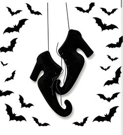 Halloween Witch Shoes Hanging Ornament 3D Witch Boot Decor with 24Pcs Bats