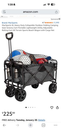MacSports XL Heavy Duty Collapsible Outdoor Folding Camping Gear Grocery Cart Portable Lightweight Utility Adjustable Rolling Cart All Terrain Sports 