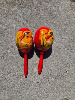 vintage, hand-painted red maracas from Mexico,