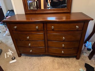 Cherry Wood 8-Drawer Double Dresser with Mirror