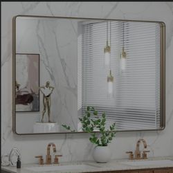 LOAAO 48”X32” Bronze Bathroom Mirrors for Vanity, Rounded Rectangle Brushed Bronze Metal Frame Mirror, Anti-Rust, Tempered Glass, Hangs Horizontally o