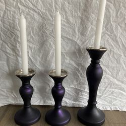 Three Purple Pottery Barn Candle holders