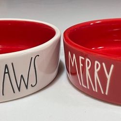 New Rae Dunn Red White Merry Catmas & Santa Paws Ceramic Christmas Cat Food Bowl Dish Plate