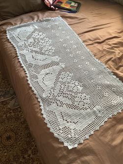 39”x18” light blue Handmade Crochet Bird and Floral doily / Table Runner