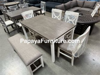 New! 6pcs Dining Set, Table And Chairs, Bench, Dinette Set, Dining Room Set, Table, Chairs, Kitchen Table, Dinette Set, White Wooden Table Dining Set 