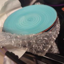 6-Piece Turquoise Ceramic Plate Set – Textured Rim