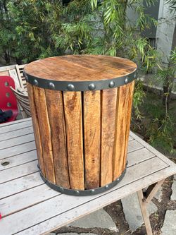 Round Wood and Metal Barrel Side Table and table with 2 chairs bundle for all!