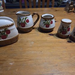5 Piece Set Of Apple Print Salt And Pepper Shakers, Napkin Holder, Pitcher, And Sugar Jar 