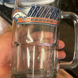 NFL Denver Broncos glass mug with metal logo