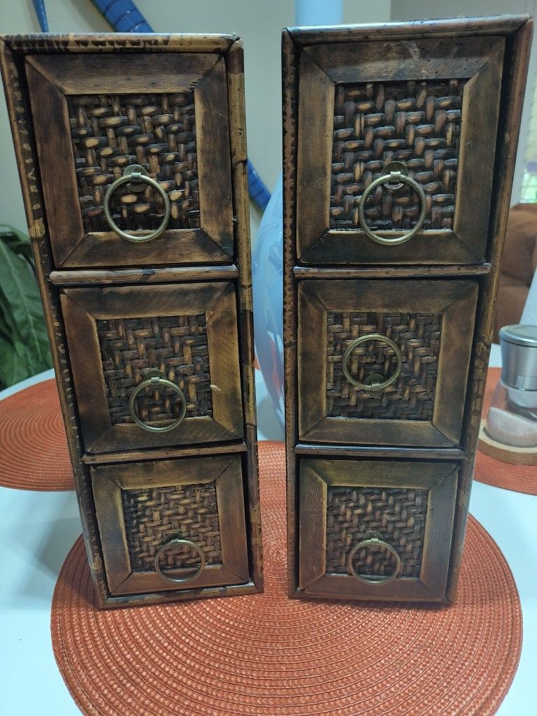 15"X5"X5" Vintage Rustic Boho Chic Scorched Bamboo Trim Box with Cane Drawers and Brass Ring Pulls - Jewelry Box, Sewing Box, Desk Organizer