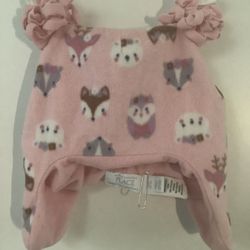 Children’s Place Winter Hat Size 2T Girls Pink w/ 2 Pom Poms Owls & Foxes
