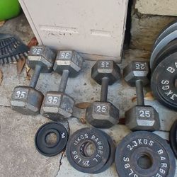 Weights and bar and bench. Olympic