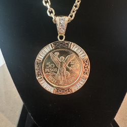 14K Gold Over 925 Silver Centenario Pendant w/ 20” Hermes Link Chain