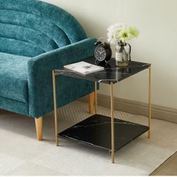 Light Luxury Sofa Side Table Marble End Table Decor Small Apartment Double Layer Black square