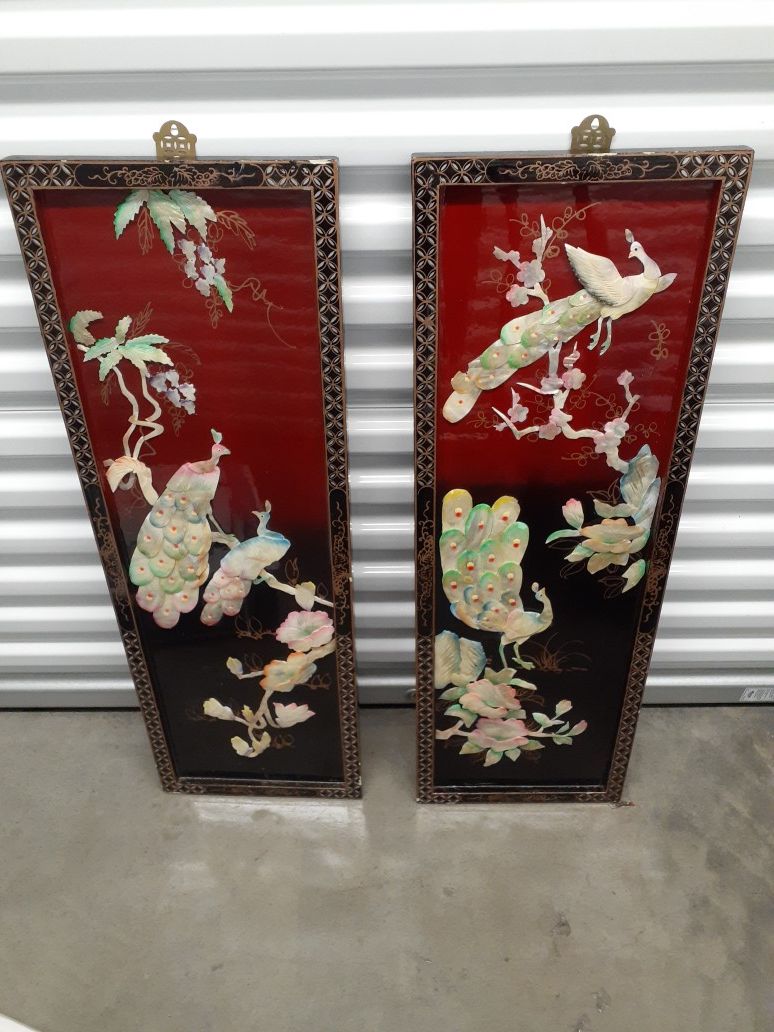 2 Asian•Chinese Wall Plaques Hand-cut Seashells•Birds•Flowers•Leaves•Branches